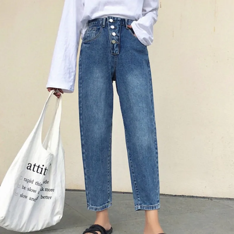 

New Blue Woman's Jeans Spring Autumn Casual Korean Ankle-length Harem Jeans Womens Vintage Button High Waist Jeans Woman 2019