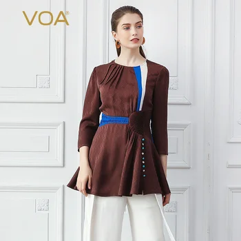 

VOA Silk Jacquard T Shirt Women Brown Elegant Ladies Tops Fall Slim Tee Office Work Clothes Large Size Harajuku Vintage B780