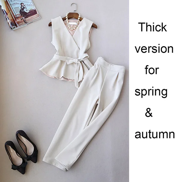 Весенне-летний модный женский топ с v-образным вырезом и бантом на талии и широкие штаны, комплект одежды, OL комплект - Цвет: beige thick