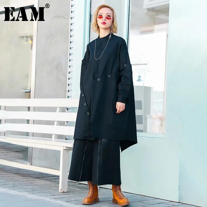 

[EAM] 2019 New Autumn Winter Stand Collar Long Sleeve Button Split Joint Loose Big Size Jacket Women Coat Fashion Tide JO016