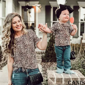 

New Family Matching Outfits Mom and Me Leopard Print Short Sleeve T-shirt Mother Daughter Casual Active Family Cotton Clothes