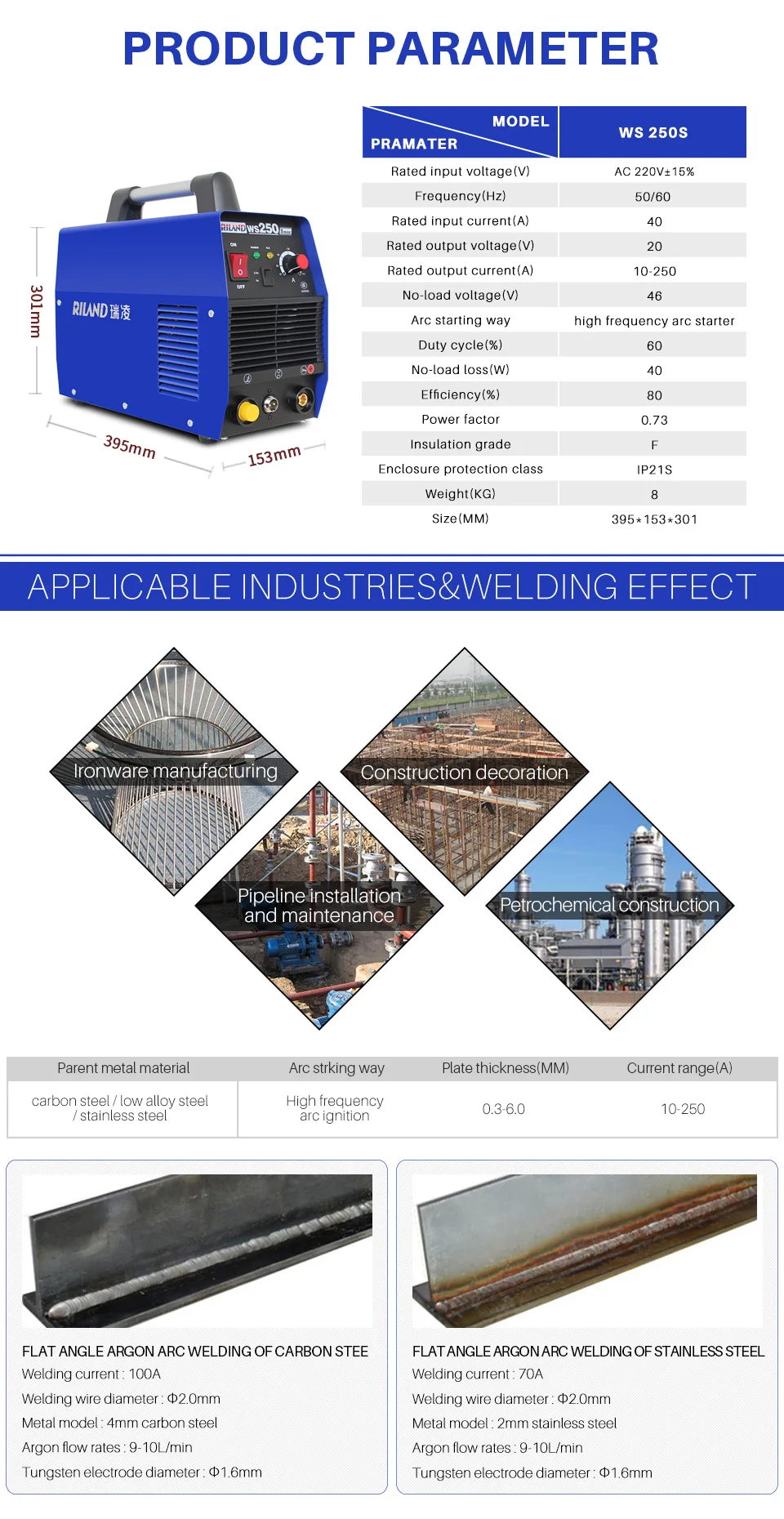 RILAND 220V ARC Maunal сварочный аппарат IGBT инвертор сварочный аппарат сварочное оборудование MMA/ARC сварочный набор инструментов WS250S 10-250A