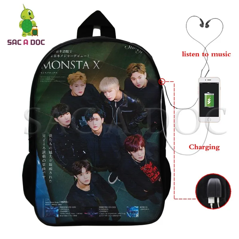 

MONSTA X FIGHTER Multifunction Backpack Kihyun Hyung Won USB Charging School Laptop Backpack for Teens Women Men Travel Bags