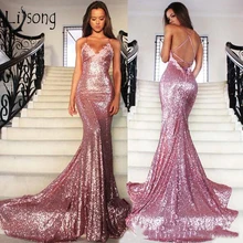 Простые сексуальные длинные платья Русалочки с блестками без спинки Глубокий v-образный вырез вечерние платья Розовые платья большого размера для выпускного вечера