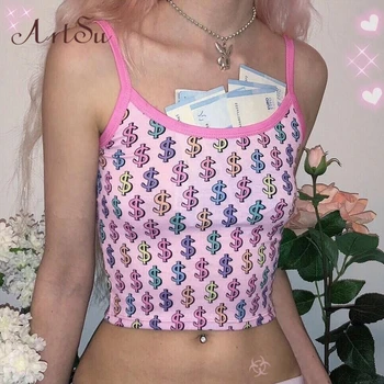 

ArtSu Harajuku Crop Top Pink Cute Sleeveless Camis Off the Shoulder Sexy Basic Top Summer Kawaii Vest Streetwear ASVE20763