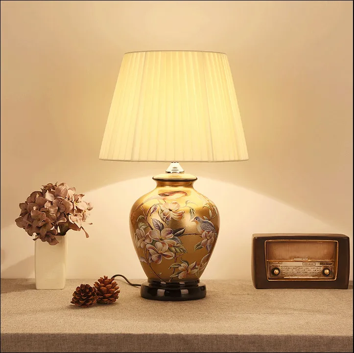 

Chinese style flower&bird brown ceramic art Table Lamps Fashion fabric E27 LED lamp for bedside&foyer&studio&tea room MF001