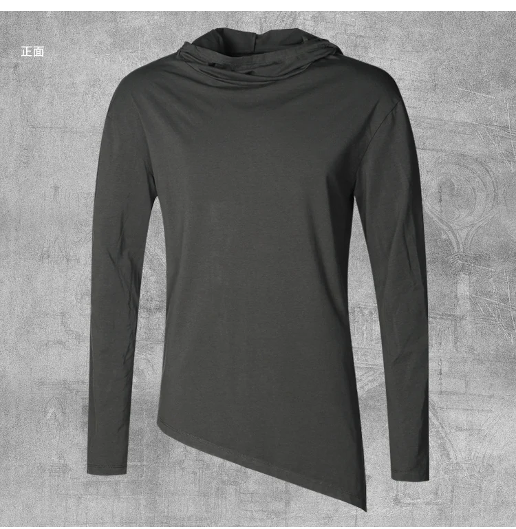 Men Autumn New European Style High Collar Long Sleeve Hooded T-shirt with Cap Men Slim Casual Cotton Irregular T-shirt T908 HTB1HvyJKXOWBuNjy0Fiq6xFxVXaJ - Men Autumn New European Style High Collar Long Sleeve Hooded T-shirt with Cap Men Slim Casual Cotton Irregular T-shirt T908