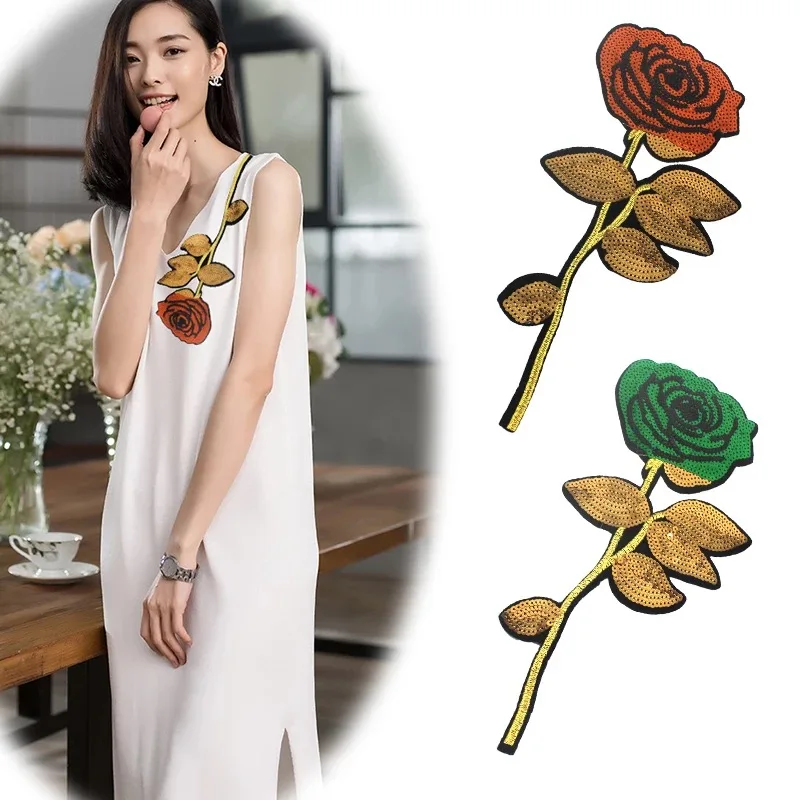 

2019 New Green Rose Patches Iron on Patch Stickers for Clothes Motif Appliques Flower Suquins Cloth Patch DIY Sewing Patchwork