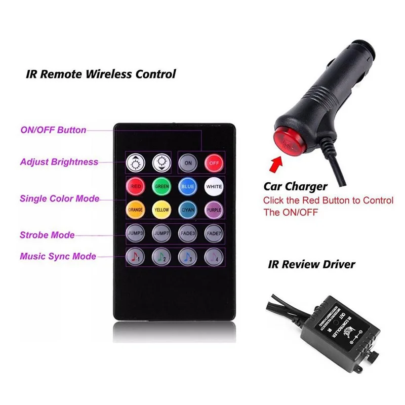 4pcs/set 18LED RGB Car Interior Neon Atmosphere Strip Light Sound Remote Control
