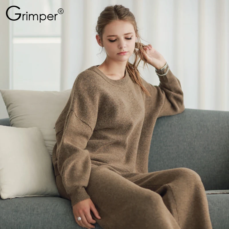 Tracksuits Top Fashion Full None European New Winter 2016 Ladies Knitted Sweater Wide legged Pants Two