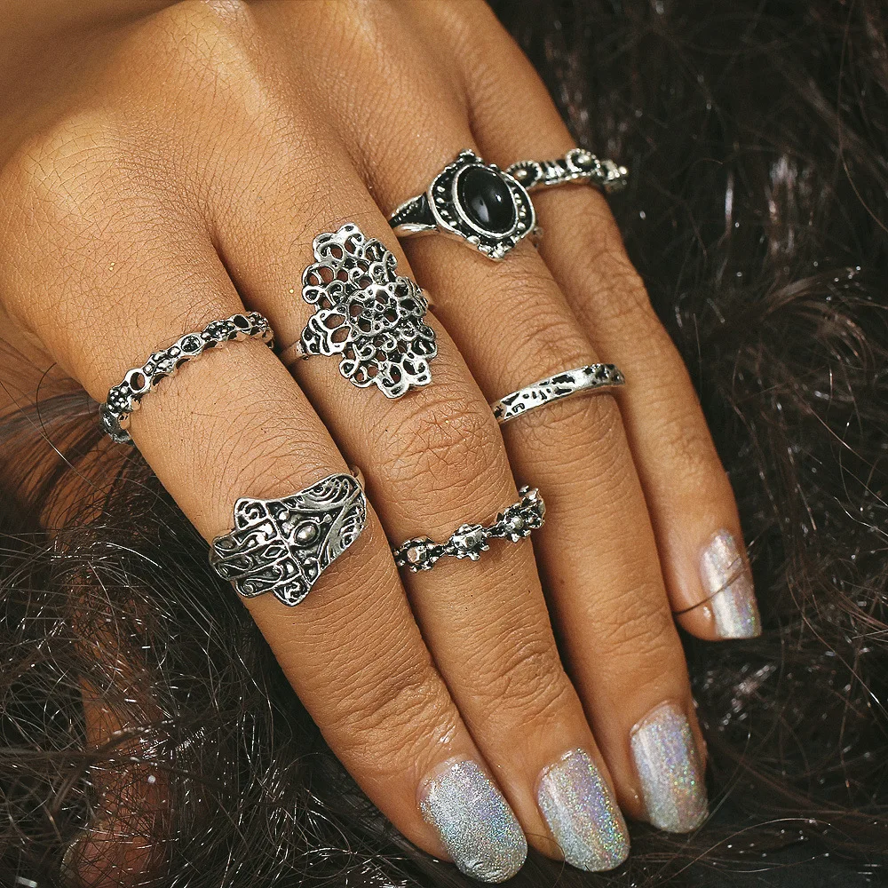 

HOCOLE 7PCS/Set Boho Vintage Punk Antique Flower Carved Mini Finger Rings For Women Bohemian Knuckle Ring Set Jewelry Wholesale