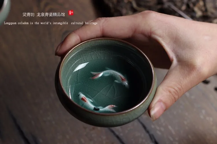 [GRANDNESS] Китайский Longquan Celadon фарфоровая чайная чашка и блюдце чайная чаша с золотой рыбкой 60 мл Celadon Crackle чайная чашка