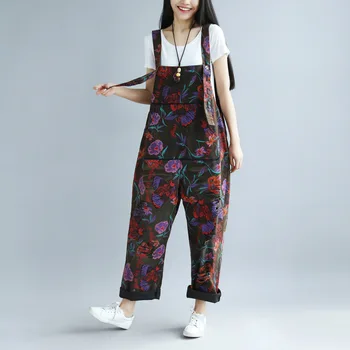 

2018 Bib Jeans Overalls Large size Printed Jumpsuits Casual Long Trousers Ripped Big pocket Pants Wide Leg Denim Rompers YT4111