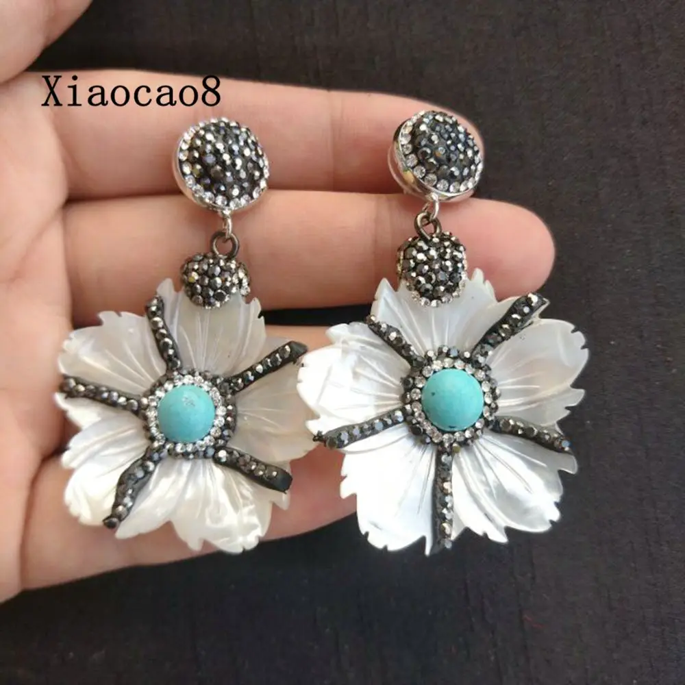 

Pink Blue Green Flower Shell Dangle Earrings with Nature Stone Women Elegant Statement Wedding Pendientes Fashion Jewery Earring