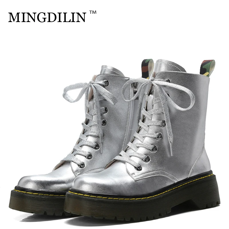 

MINGDILIN Autumn Winter Women's Motorcycle Boots Genuine Leather Woman Ankle Boots Silvery Genuine Leather Shoes Martin Boots