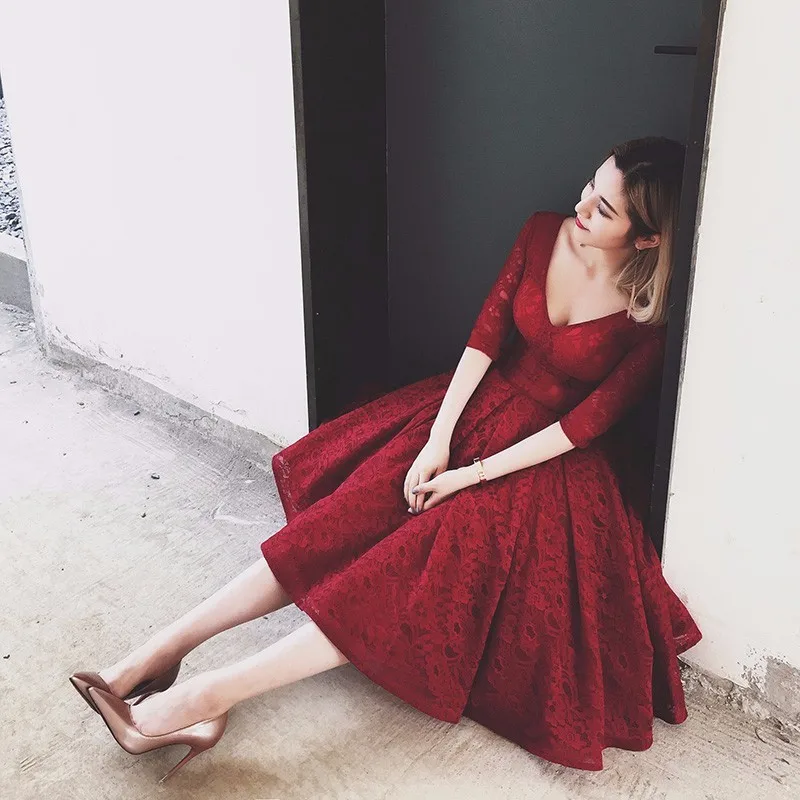 Vestido madrinha Новое сексуальное кружевное бальное платье с v-образным вырезом и коротким рукавом, бордовые платья для подружки невесты Бордовые Платья для подружки невесты длиной до чая