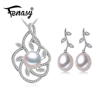 

FENASY Pearl Jewelry sets big leaf pearl Pendant Necklace Freshwater long earrings bridal jewelry sets drop earrings for women