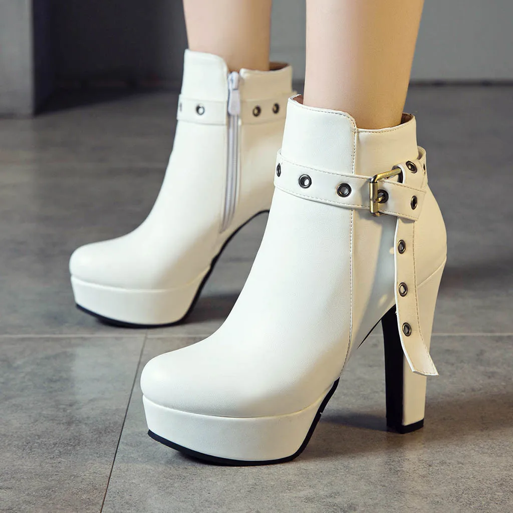 Women's Short Boots Rivet Buckle Strap 2019 Lady Winter Sexy Boot High Heel Leather Stylish Wedding Party Ankle Shoes Platforms | Обувь