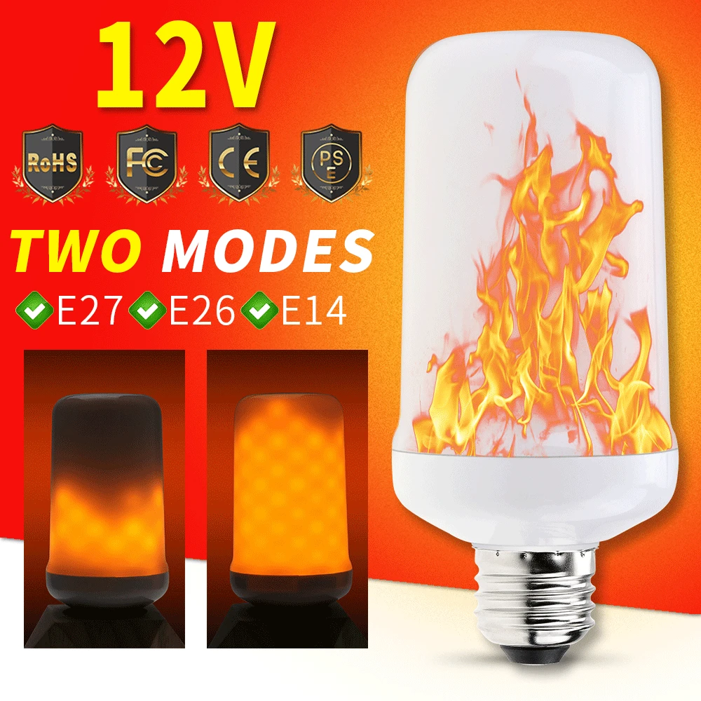 Ампулы Led E27 свечки SMD 2835 E14 мерцающее пламя Светодиодная лампа 12 V лампа постоянного тока Моделирование горение E26 рождественские