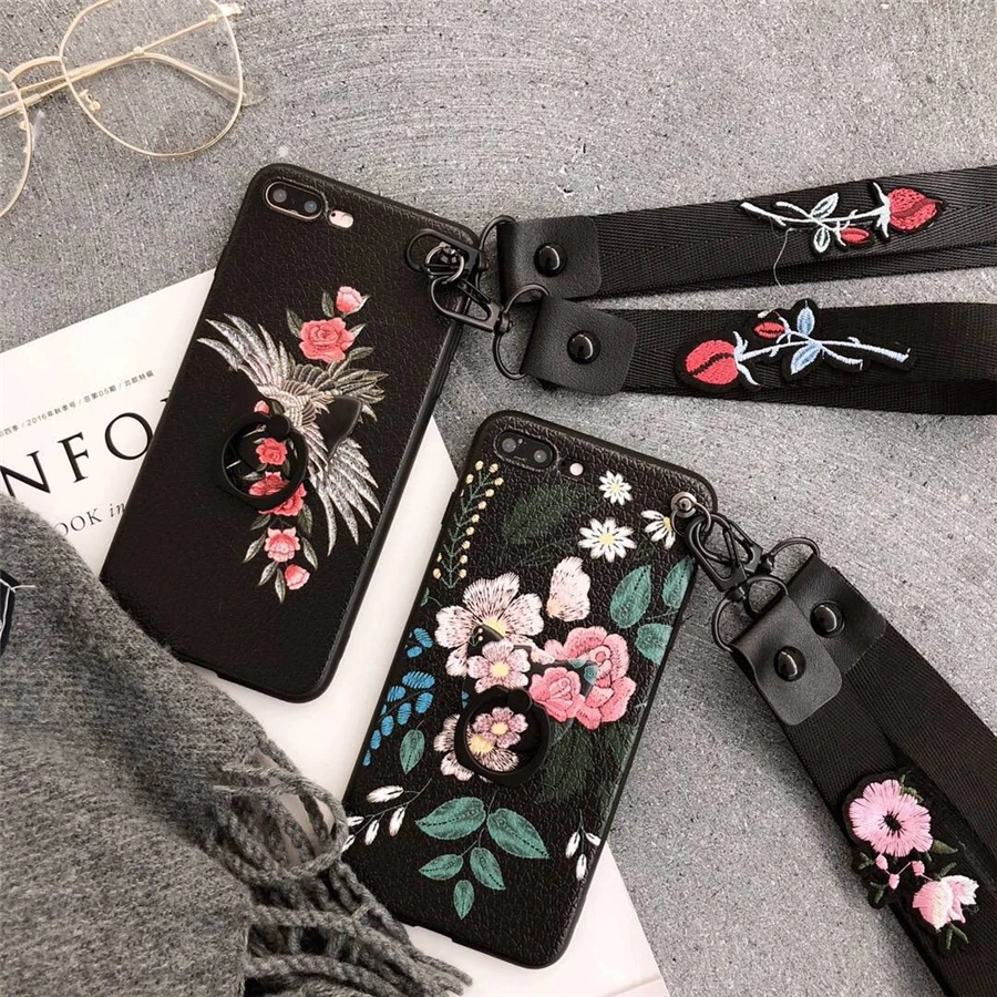 

DIY Flamingo Vintage Embroidery Flower Phone Cases For iPhone X XR XS MAX 6 6S 7 8 8Plus With Ring Bracket Lanyard Cover Capa