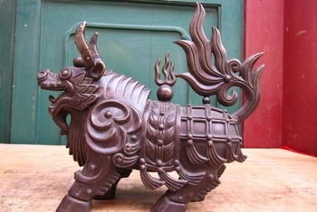 

11 Chinese Folk Pure Copper Bronze Carved Bull OX Kirin Kylin God beast Statue