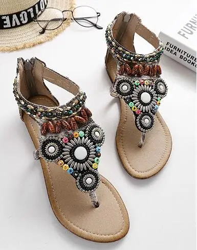 Женские сандалии в этническом стиле, украшенные бисером; Разноцветные ...
