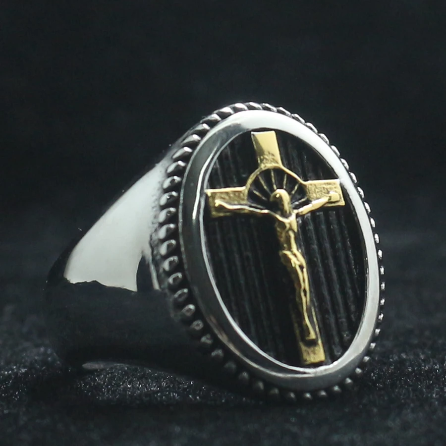 Унисекс 316L из нержавеющей стали крутой Крест Иисуса Христос Золотое серебряное кольцо