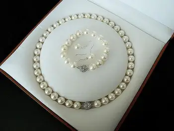 

Perfect Shell Pearl Jewerly Set 10mm White Round Sea Shell Pearl Necklace Bracelet Earrings Rhinestone Magnet Clasp Women Gift