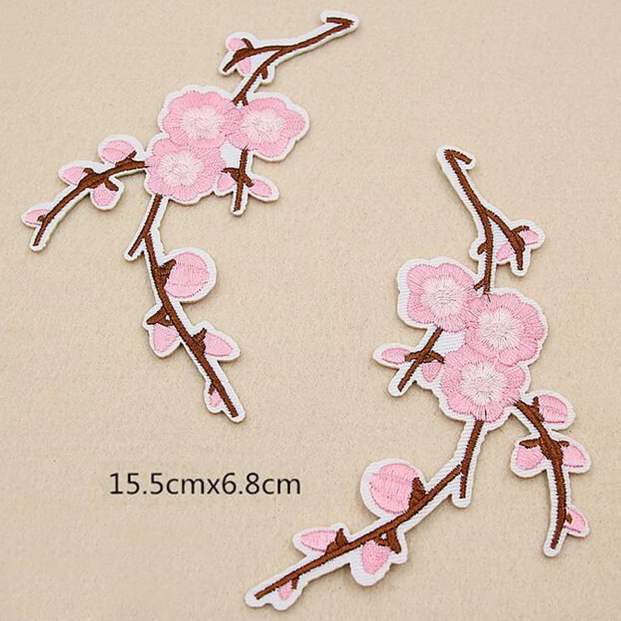 Diy Pink Plum Blossom Embroidered Patches Iron On Sewing Stickers For