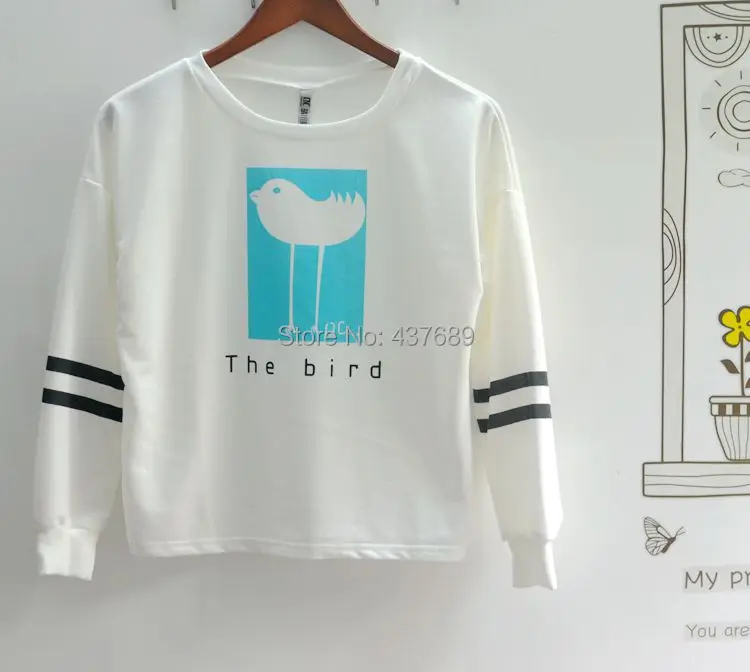 

Spring New women O-Neck T-shirt contrast color Cartoon bird letter pattern print cotton long sleeve Short paragraph tees tops