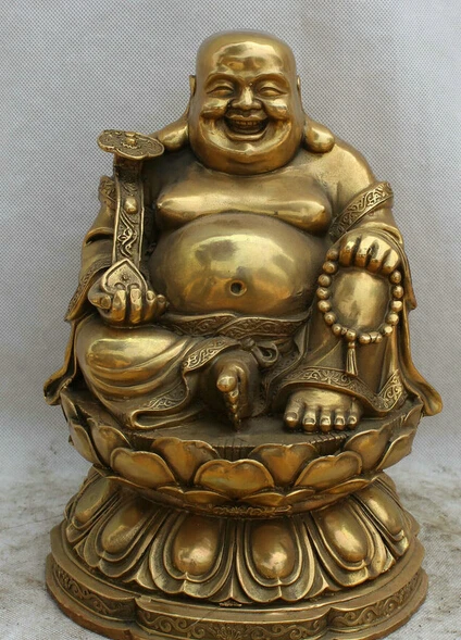 

JP S62 12" Chinese Buddhism Brass Ru Yi Seat lotus Happy Laugh Maitreya Buddha Statue Discount 35%