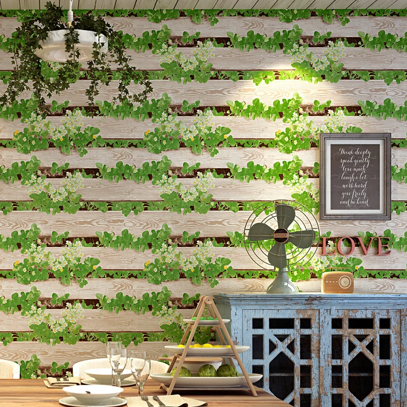 

PVC Wallpaper 3D Imitation Wood Board Green Leaves Restaurant Bread Milk Tea Hot Pot Shop Wallpaper For Walls Papel De Parede 3D