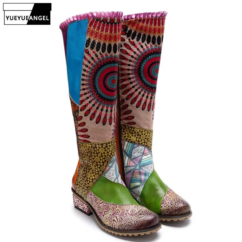 

Vintage Genuine Leather Woman Boots Handmade Side Zip Patchwork Knee High Boots Plus Size 42 Autumn Winter Womens Half Boots
