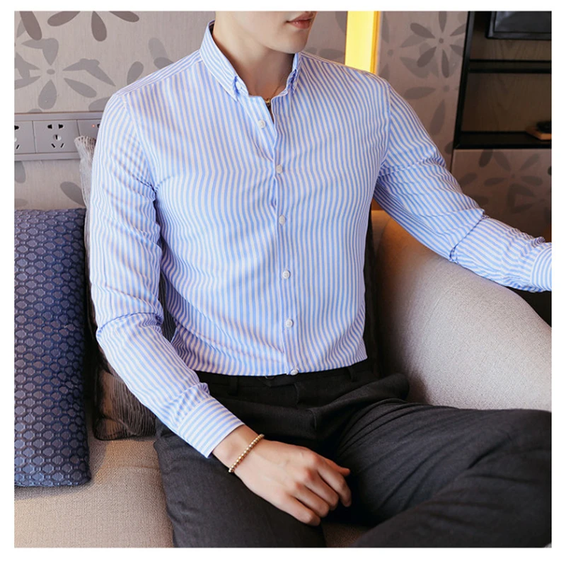 XingDeng мужская деловая Повседневная полосатая рубашка хлопок Модная обтягивающая одежда длинный рукав однотонная однобортная рубашка плюс размер 5xl
