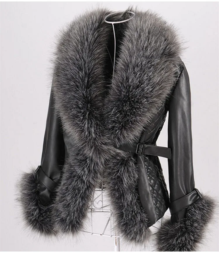 Пальто из искусственного меха, имитация овчины, тонкие модели курток, кожа, Лисий мех, воротник, длинный рукав, куртки для женщин, одежда