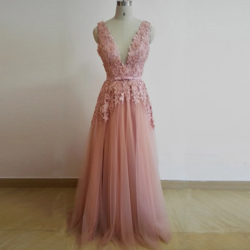 Real Dress Dusty Pink Vintage Lace Elegant Long Evening Dresses 2015 Pearls Prom Dresses Evening Gowns