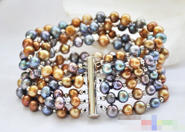 

FREE SHIPPING>>>@@ > 00915 6row 8" round coffee peacock black freshwater pearl bracelet magnet