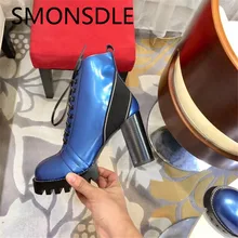 

SMONSDLE New Genuine Leather Sexy Platform Chunky Heel Women Boots Round Toe Lace Up Thick Heel Motorcycle Boots Shoes Women