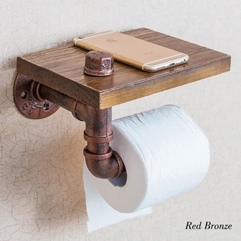 

Urban Industrial Wall Mount Wood Storage Shelf Iron Pipe Toilet Paper Holder Roller Restaurant Restroom Bathroom Decoration