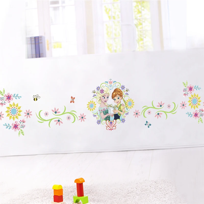 Disney Beautiful Anna Elsa Flowers Frozen Wall Stickers Kids Room Baseboard Decoration DIY Cartoon Decals Mural Art Waist line