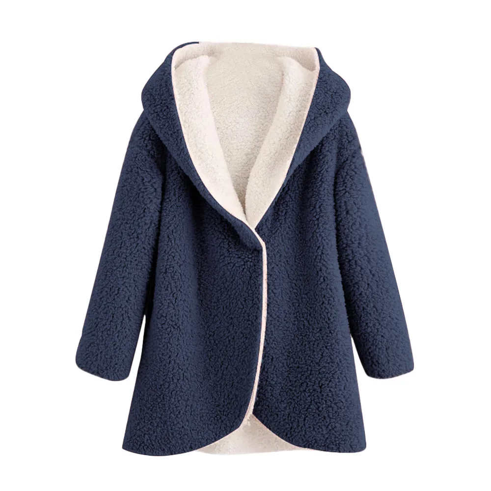

Women's Winter Curved Hem Longline Faux Fur Sherpa Fleece Hoodie Coat