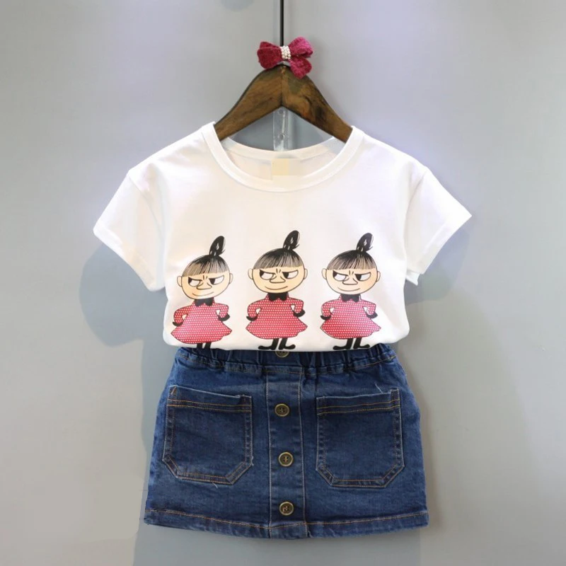 

2019 casual girls clothing sets summer cartoon printing regular sleeve tshirt denim skirt 2pieces children clothes kid set