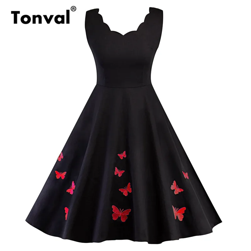 Online Tonval mariposa roja festoneado vestido bordado negro vestido de algodón sin mangas Vintage Rockabilly una línea vestido de verano