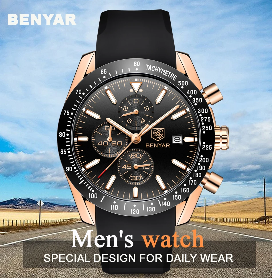 BENYAR Брендовые мужские спортивные хронограф часы из силиконовой резины все указатели работают водонепроницаемые Модные кварцевые часы мужские