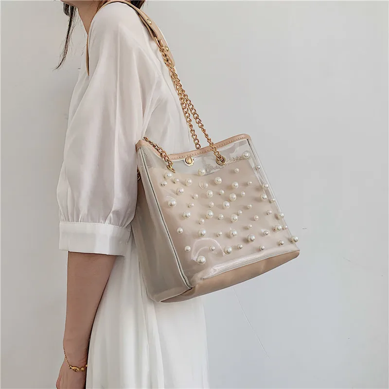

Summer Travel Ttransparent bag Elegant Female Large Pearl Tote Bag 2019 New Quality Women's Handbag Chain Shoulder Messenger bag