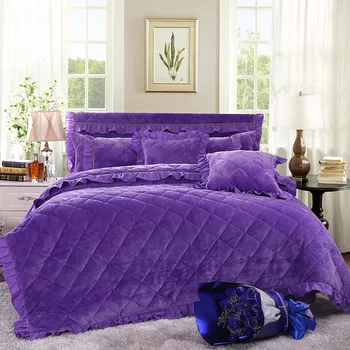 

New arrival Luxury Fleece fabric red grey Flouncing 4/6pcs warm Bedding Set/Duvet Cover/ Bed Skirt/ Pillowcase