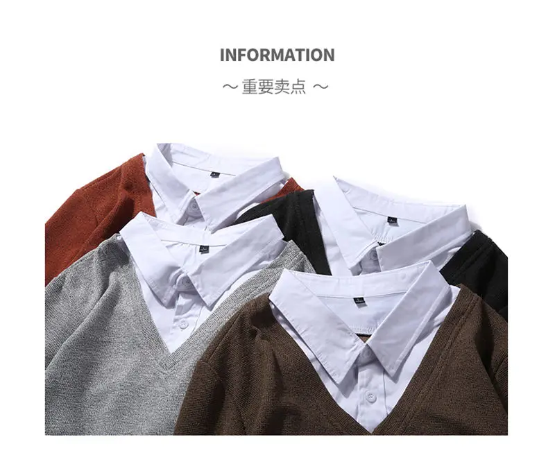 2019 New Fashion Simulation 2 Sweatshirts Male Solid Hoody False 2PCS Hoodies Men Shirt Collar Autumn Spring Winter Streetwear 03