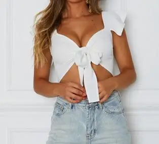 Latest Popular Women Short Ruffled Sleeve Crop Top Front Knot Tie Ladies Casual Plain Tanks Tops Summer Short Tops with Bow - Цвет: Белый