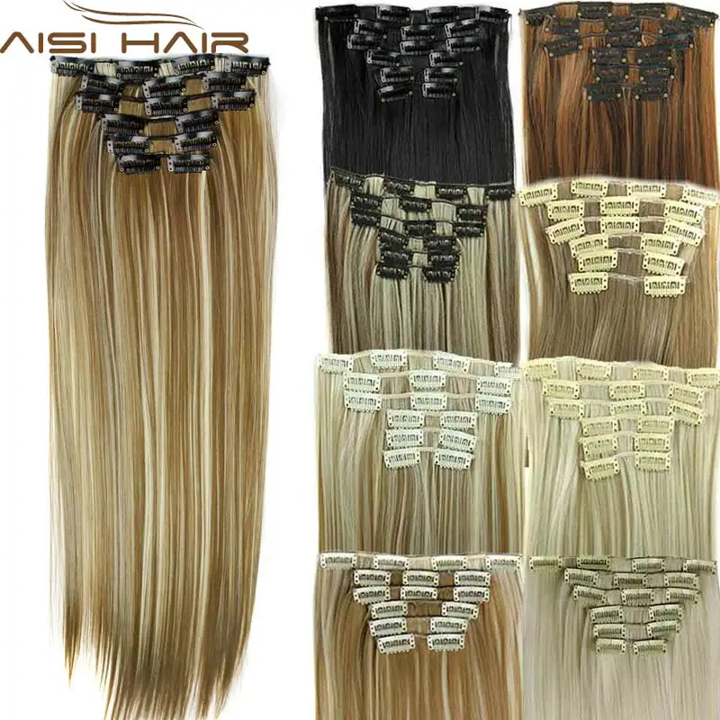 Synthetic Hair with Clips 16 Clip in Hair Extensions False Hair Hairpieces Synthetic 23 Long Straight Apply Hairpiece