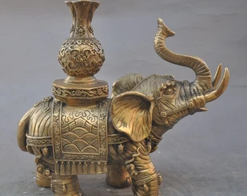 

7" chinese fengshui brass wealth Elephant animal statue Zun Cup Bottle Pot Vase